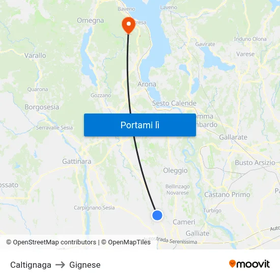 Caltignaga to Gignese map