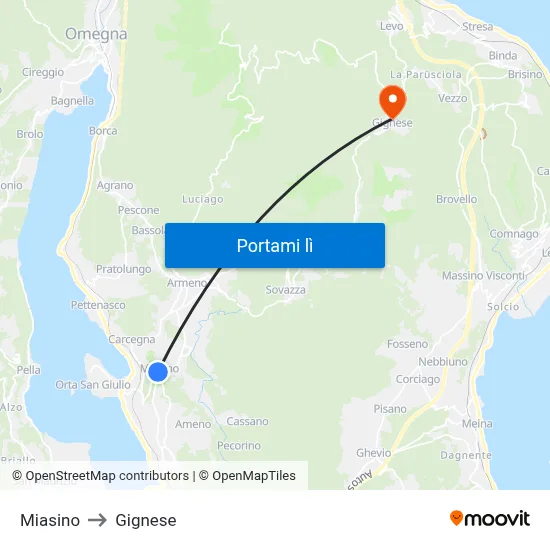 Miasino to Gignese map