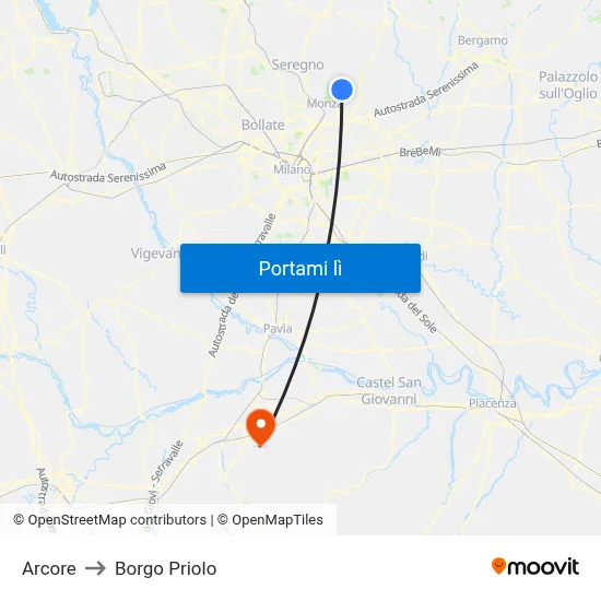 Arcore to Borgo Priolo map