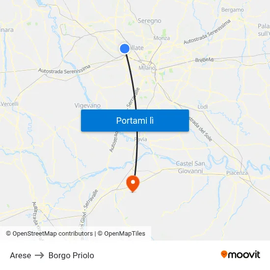 Arese to Borgo Priolo map
