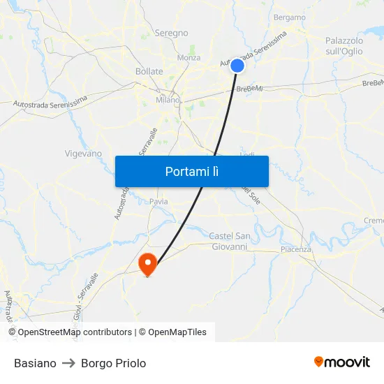 Basiano to Borgo Priolo map