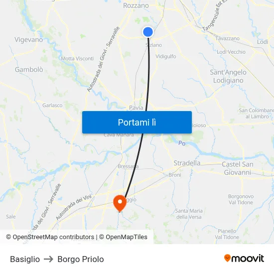 Basiglio to Borgo Priolo map