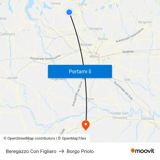 Beregazzo Con Figliaro to Borgo Priolo map