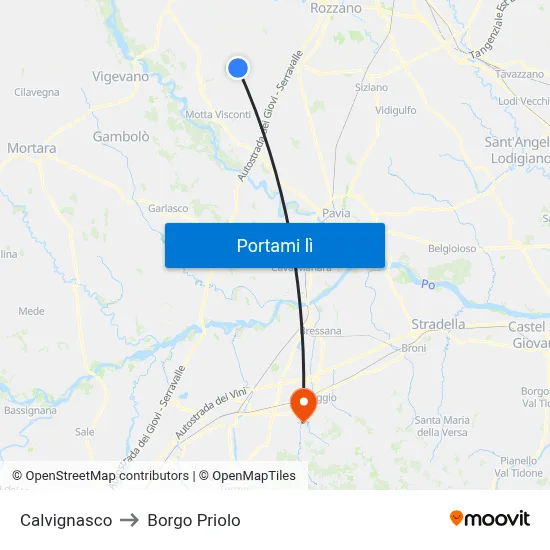 Calvignasco to Borgo Priolo map