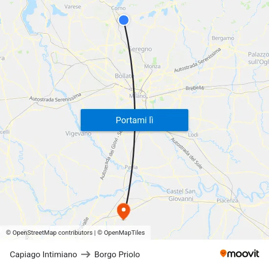 Capiago Intimiano to Borgo Priolo map