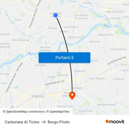 Carbonara Al Ticino to Borgo Priolo map