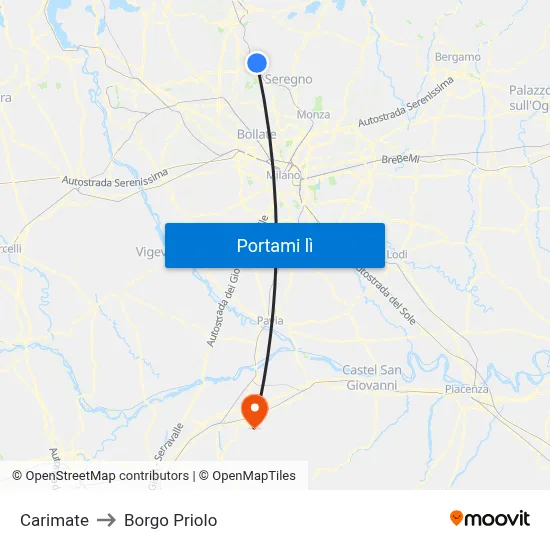 Carimate to Borgo Priolo map