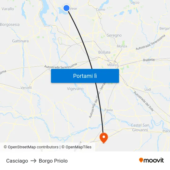 Casciago to Borgo Priolo map