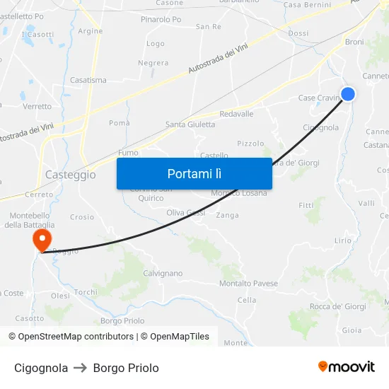 Cigognola to Borgo Priolo map