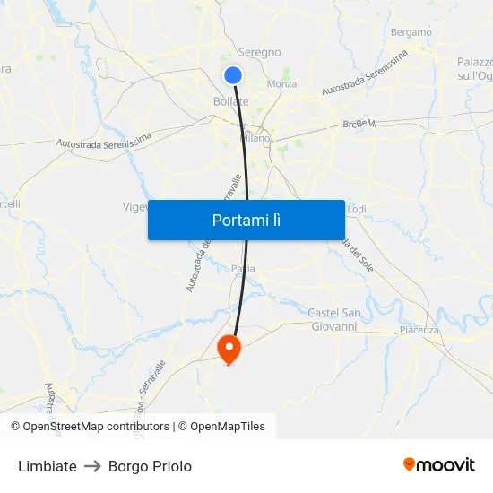 Limbiate to Borgo Priolo map