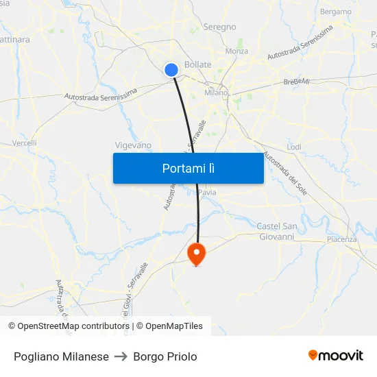 Pogliano Milanese to Borgo Priolo map