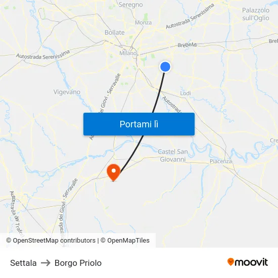 Settala to Borgo Priolo map