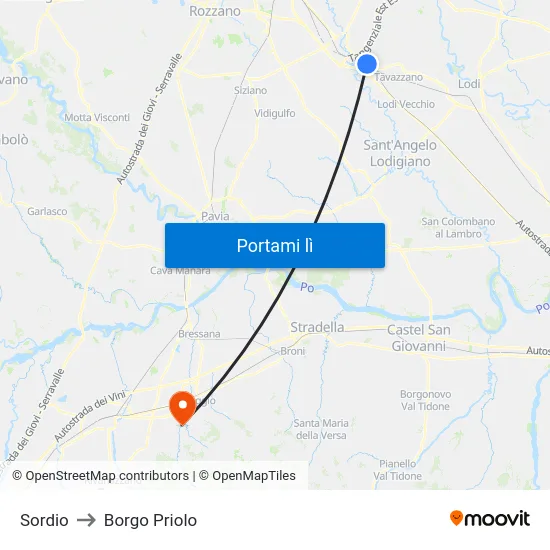 Sordio to Borgo Priolo map