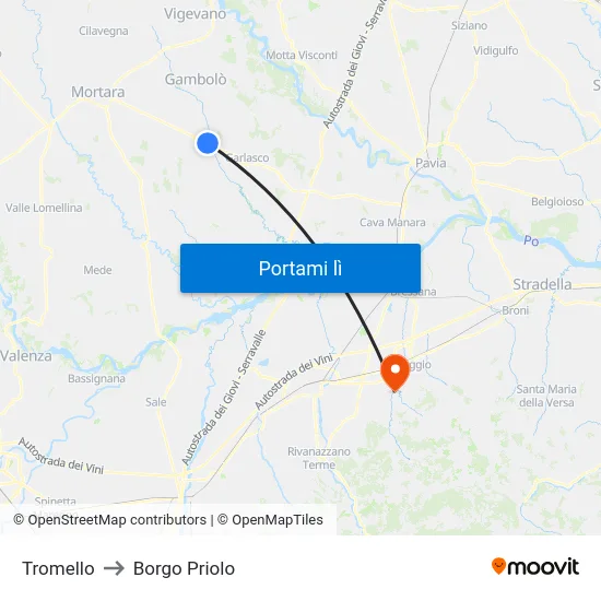 Tromello to Borgo Priolo map