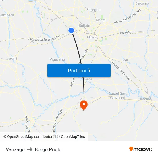 Vanzago to Borgo Priolo map