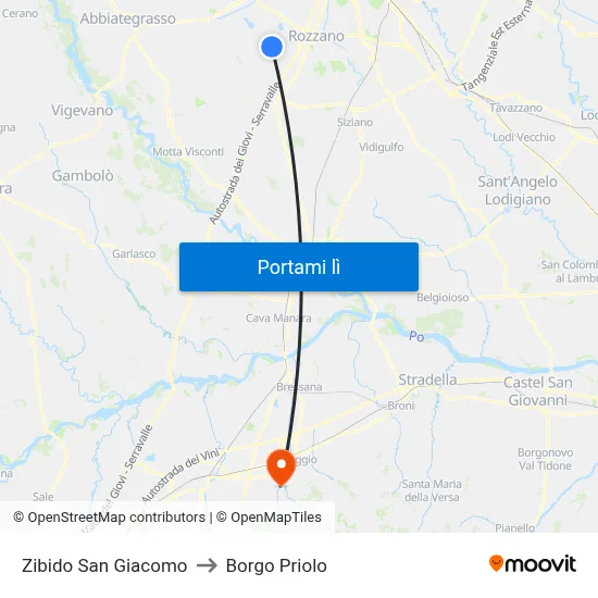 Zibido San Giacomo to Borgo Priolo map