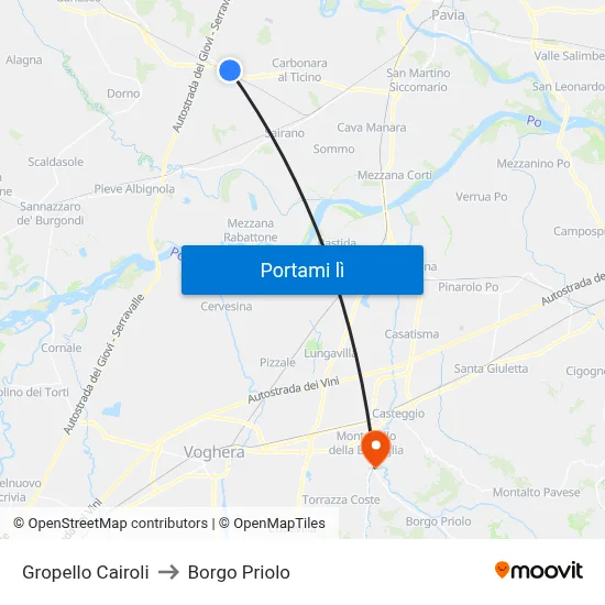 Gropello Cairoli to Borgo Priolo map