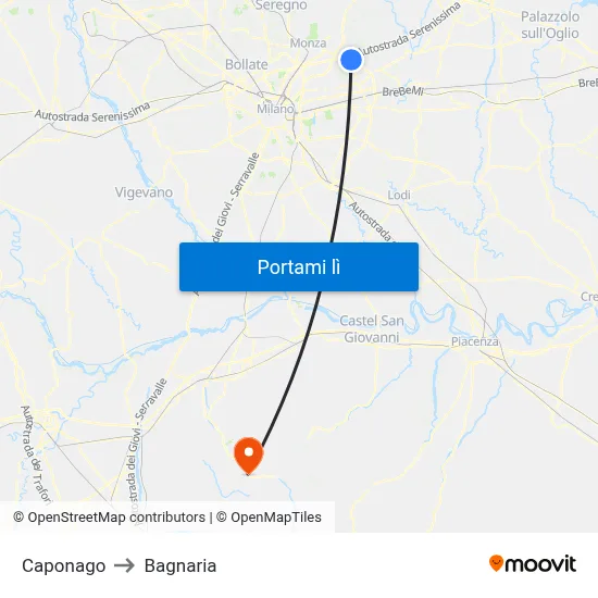 Caponago to Bagnaria map