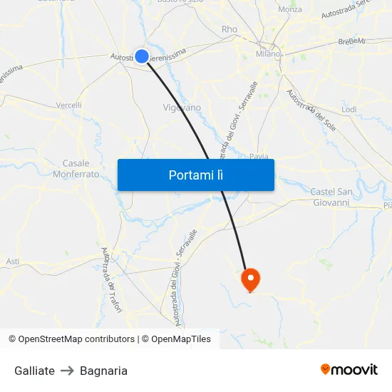 Galliate to Bagnaria map