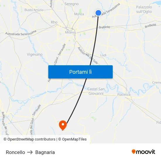 Roncello to Bagnaria map