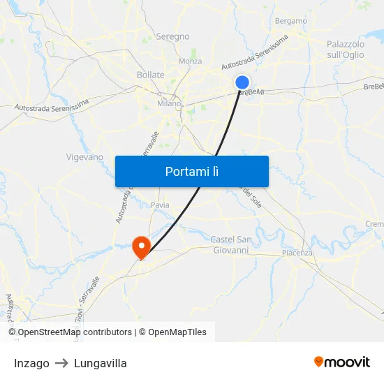 Inzago to Lungavilla map
