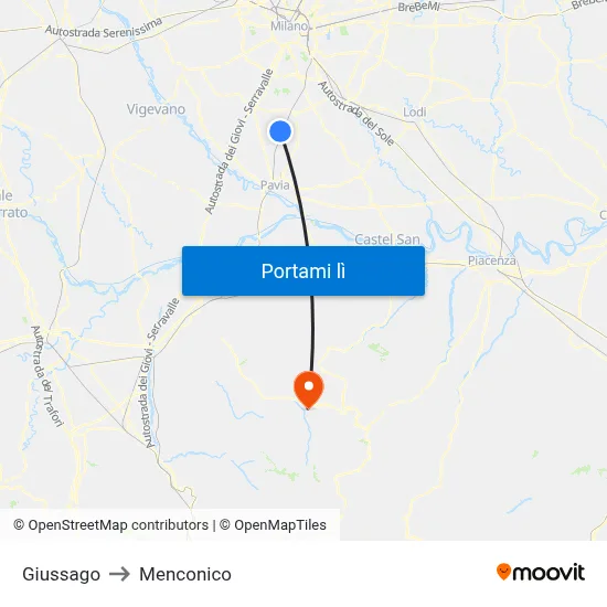 Giussago to Menconico map