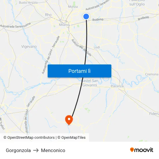 Gorgonzola to Menconico map