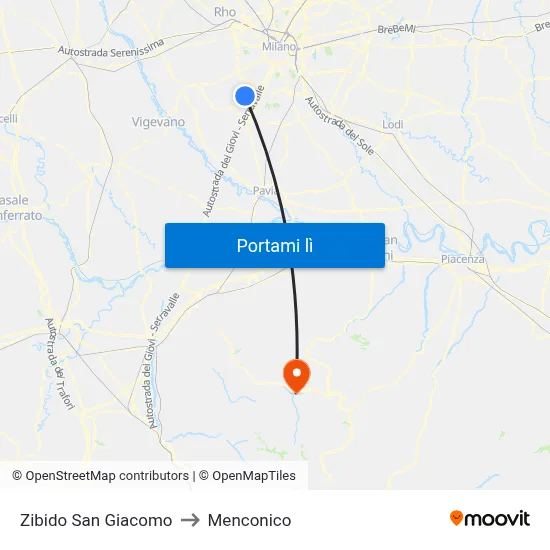Zibido San Giacomo to Menconico map