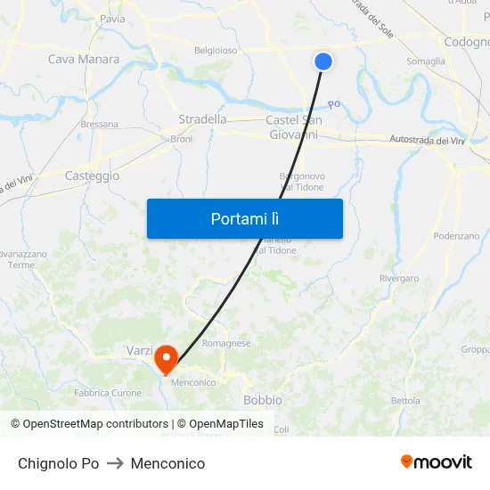 Chignolo Po to Menconico map