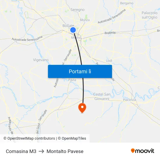 Comasina M3 to Montalto Pavese map