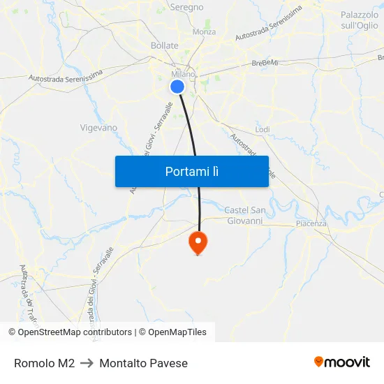 Romolo M2 to Montalto Pavese map