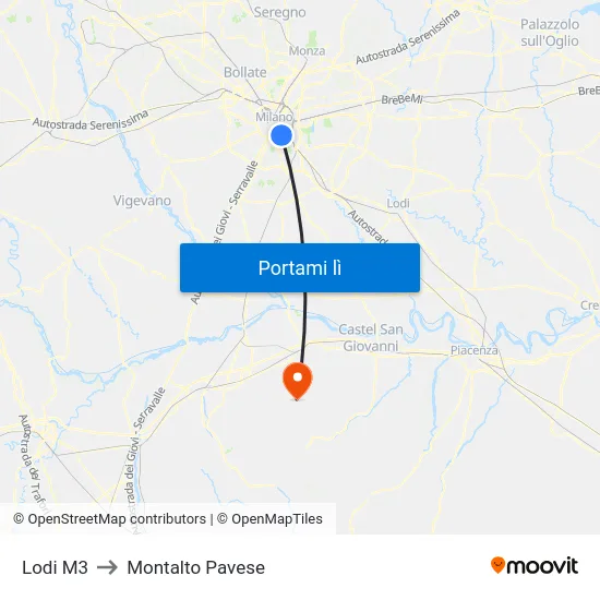 Lodi M3 to Montalto Pavese map