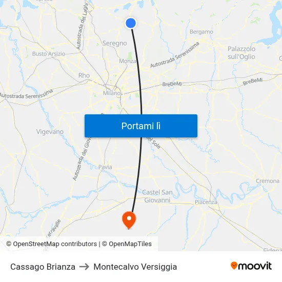 Cassago Brianza to Montecalvo Versiggia map