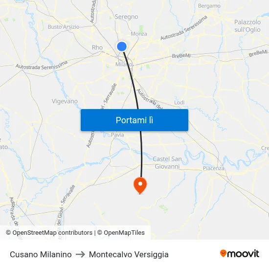 Cusano Milanino to Montecalvo Versiggia map