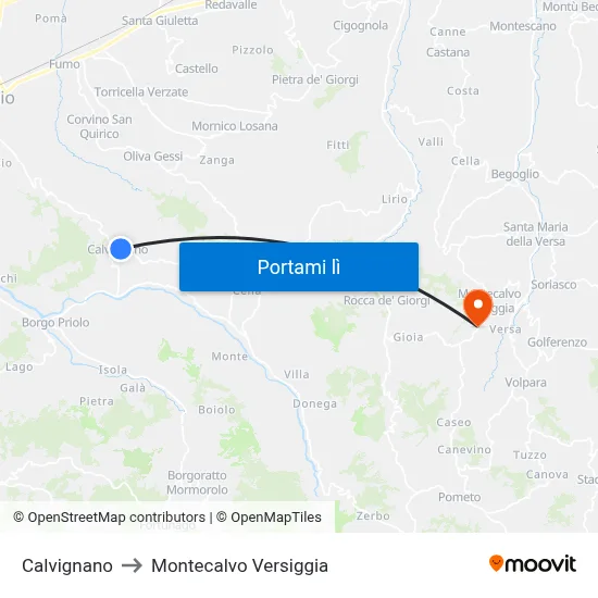 Calvignano to Montecalvo Versiggia map