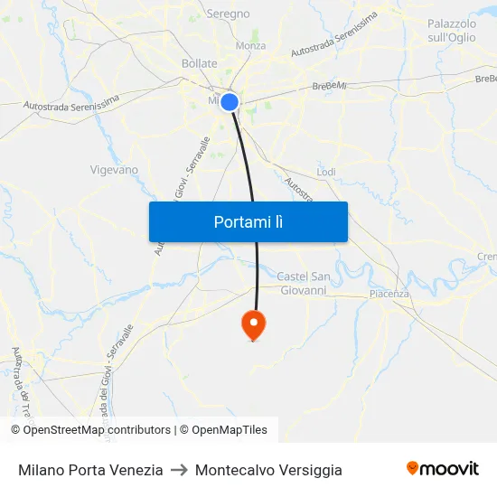 Milano Porta Venezia to Montecalvo Versiggia map