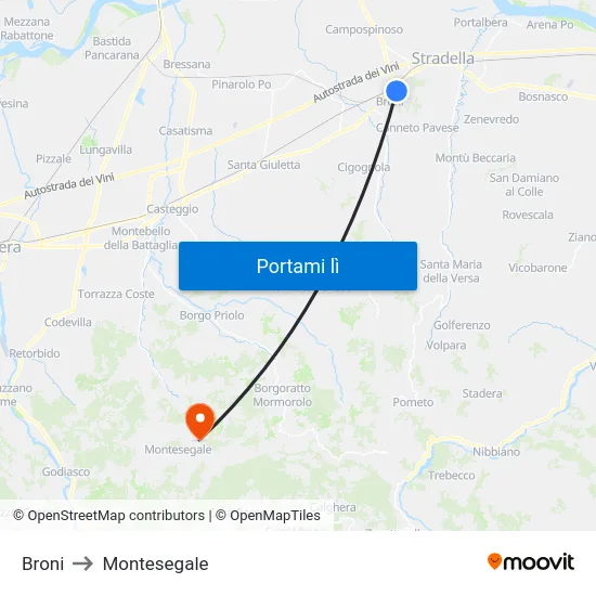 Broni to Montesegale map