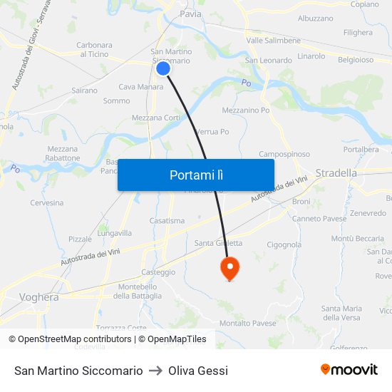 San Martino Siccomario to Oliva Gessi map