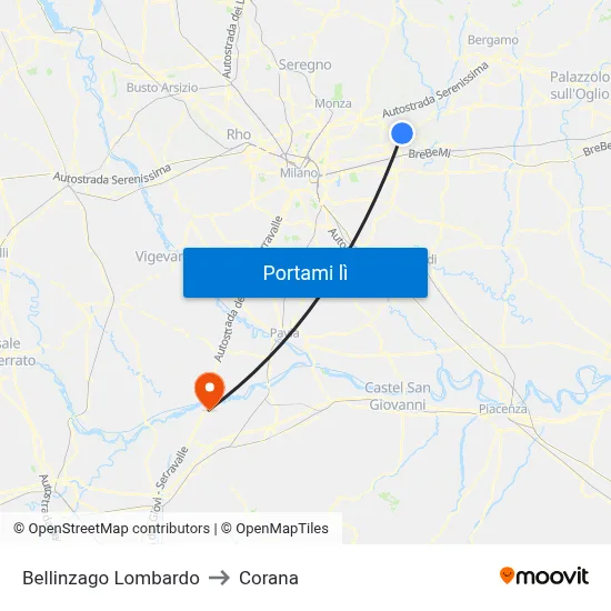 Bellinzago Lombardo to Corana map