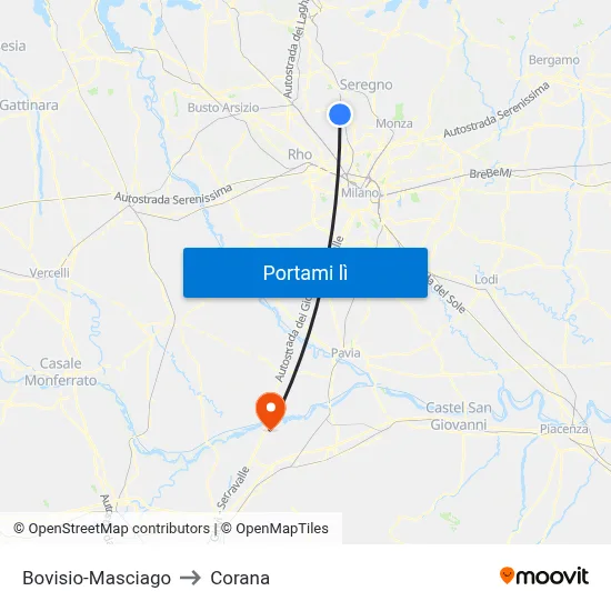 Bovisio-Masciago to Corana map