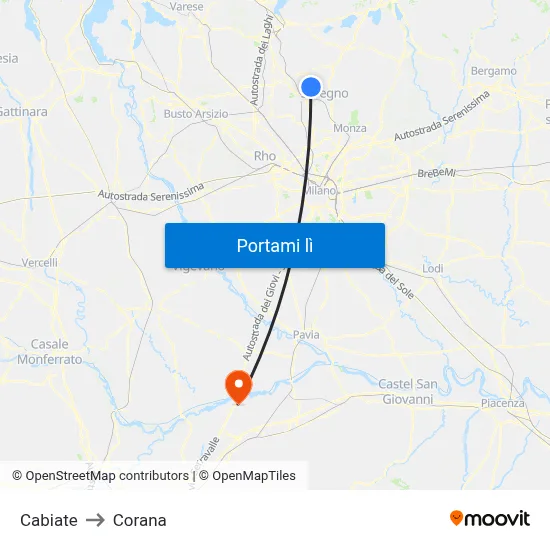 Cabiate to Corana map