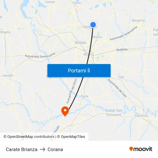 Carate Brianza to Corana map