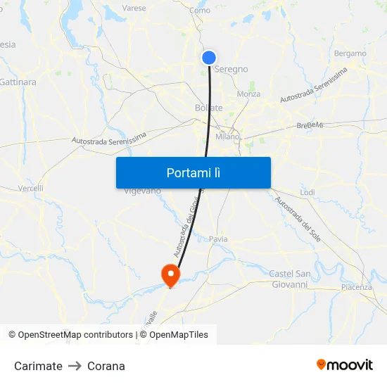 Carimate to Corana map