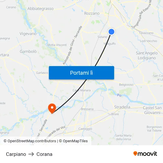 Carpiano to Corana map