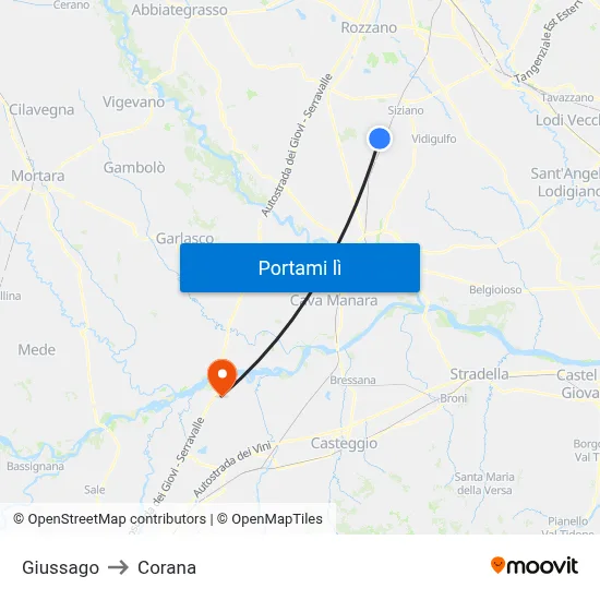 Giussago to Corana map