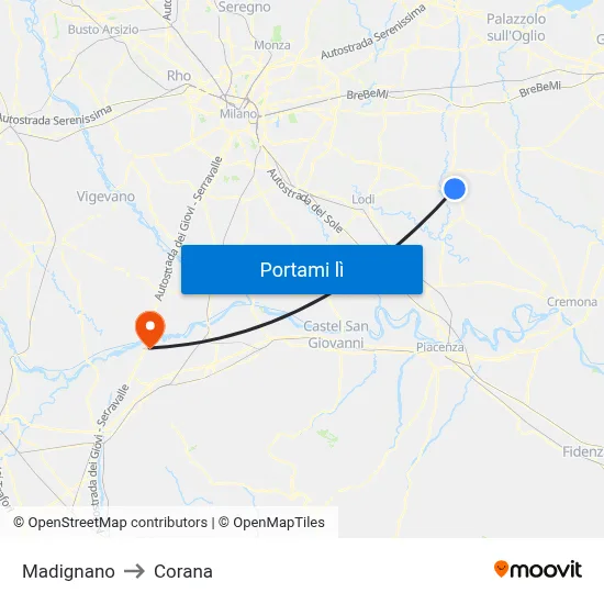 Madignano to Corana map