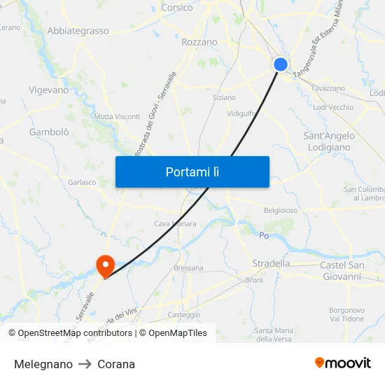 Melegnano to Corana map