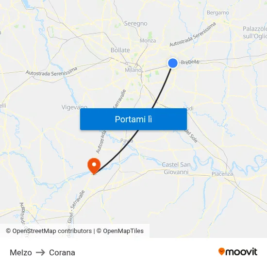 Melzo to Corana map