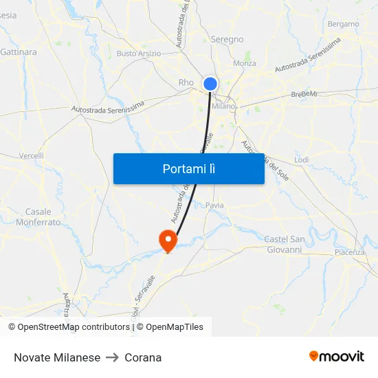 Novate Milanese to Corana map