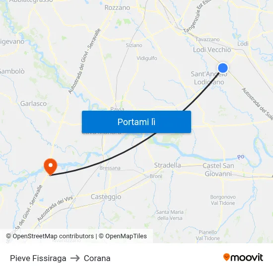 Pieve Fissiraga to Corana map